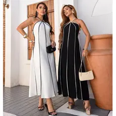 Vestido Feminino Frente Única Premium Listrado Longo Tendência Amarração