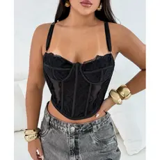 Cropped Corselet Feminino Alça Fina com Renda Top Corset