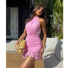 Vestido Feminino Curto Frente Única Gola Alta Amarração No Pescoço Tule Drapeado Babado Tendência Chic Elegante