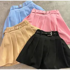 Short Saia Feminino Plissada Alfaiataria Sensorial com Cinto Fivela Estilo Colegial Sofisticado Tendência Promoção