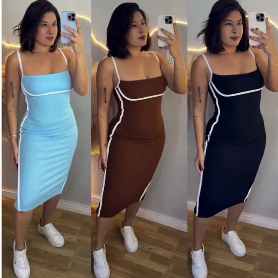 Vestido Feminino Midi Alça Fina Bicolor Justo Com Detalhe Em Branco Tecido Anaruga Elegante Tendência Verão
