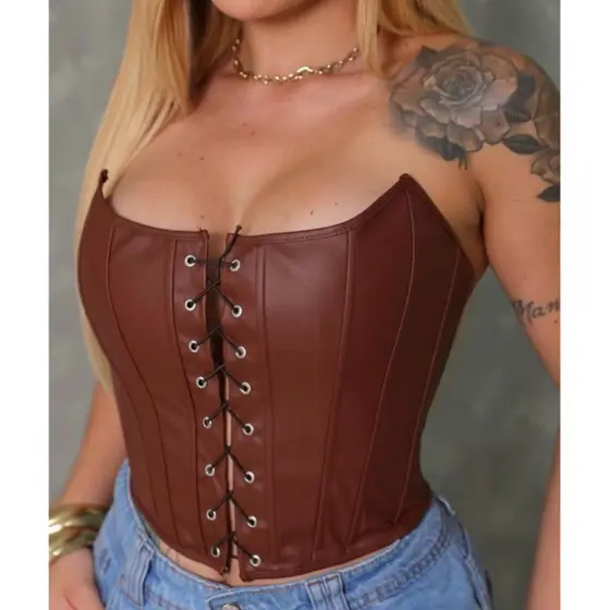 Cropped Corset Feminino Couro Fake Pu Decote Trançado Amarração Frontal Corselete Country Courino Tendência Inverno