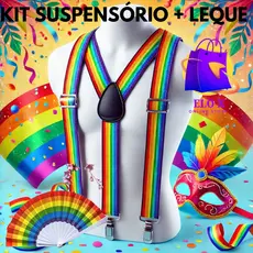 Kit Suspensório e Leque Arco Iris LGBT Festa Colorido Look Temático Fantasia Orgulho Gay LGBTQIA