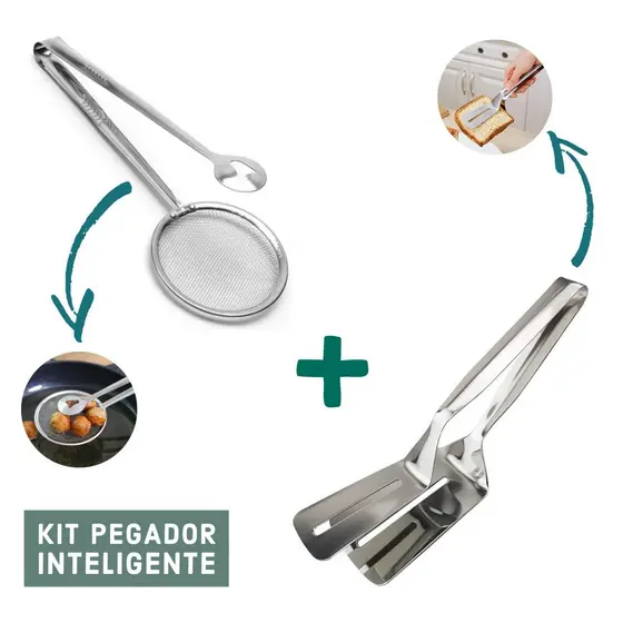 Pegador Inox Fritura Escumadeira Pinça Peneira ou Espátula Dupla Para Carne Ovo Pizza Cozinha