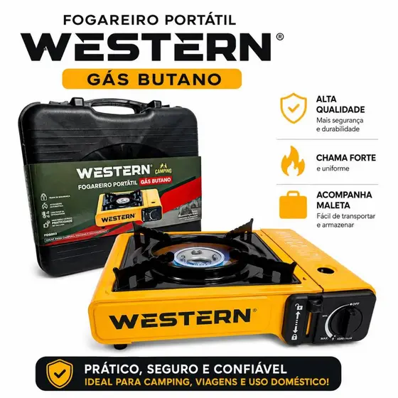 Fogão Portátil a Gás 1 Boca Com Maleta Acendimento Automático Western ou Guepardo Camping
