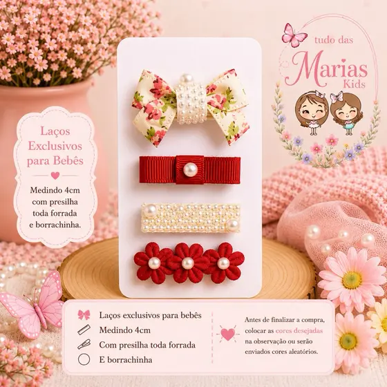 Presilhas para bebê kit com 4 mine presilhas com laços floral,flor com pérola e borboletaA