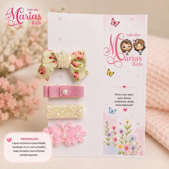 kit de 4 mine Laço Infantil Baby Floral – Presilha Antideslizante com Pérolas