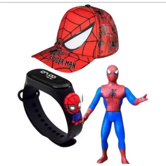 Kit Homem Aranha Infantil 3 em 1 Boneco + Boné + Relógio Digital | Presente Criança