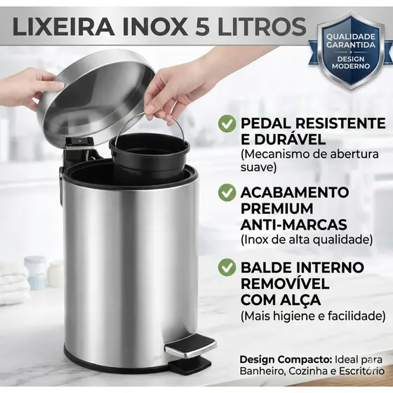 Lixeira Inox 5 Litros com Pedal Compacta Lixeira para Banheiro Cozinha Escritório Design Moderno