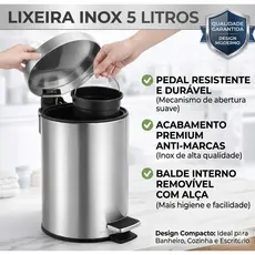 Lixeira Inox 5 Litros com Pedal Compacta Lixeira para Banheiro Cozinha Escritório Design Moderno