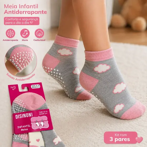 Kit Meia Infantil Menina Antiderrapante 3 6 ou 12 Pares Algodão Confortável 2 a 8 Anos
