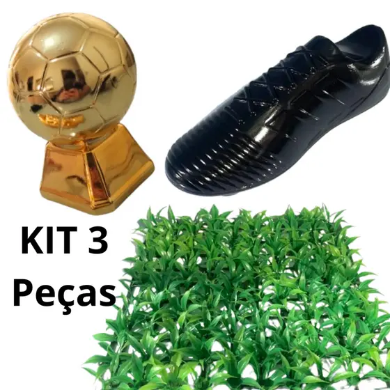 KIT Futebol Decoração Troféu Bola De Ouro + Chuteira Preta + Grama Artificial