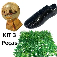 KIT Futebol Decoração Troféu Bola De Ouro + Chuteira Preta + Grama Artificial
