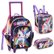 Kit Mochila de Rodinha Estojo Lancheira Escolar Menina Unicórnio Feminino