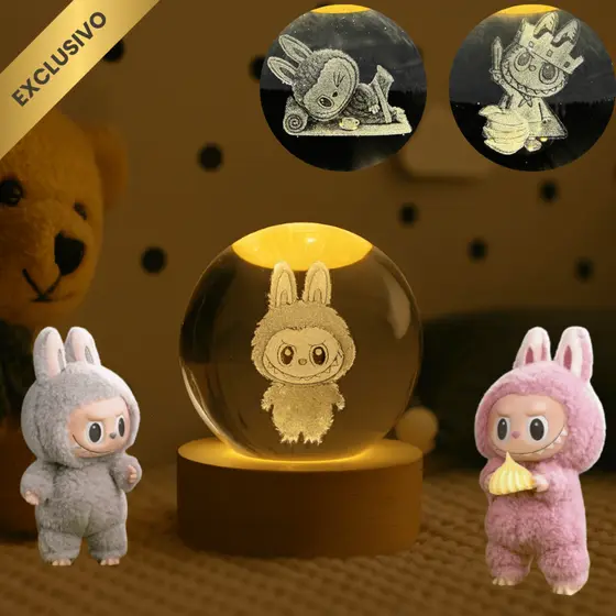 Luminária Cristal LED 3D Mesa LaFuFu Exclusivo Presente Boneco Fofo Quarto Coelho Decoração Ursinho