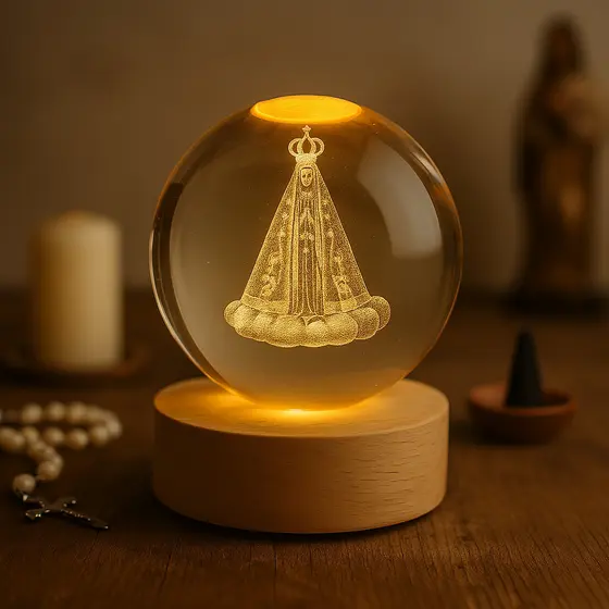 Luminária Nossa Senhora Aparecida Cristal LED 3D Mesa Presente Quarto Decoração Religiosa Católico