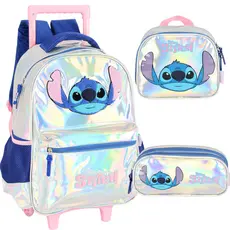 kit Original Mochila Stitch Rodinha Lancheira Estojo Infantil Disney Grande Escolar Feminina Menina Lilo