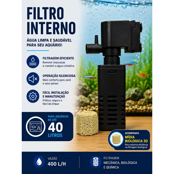 Filtro Para Aquário até 40 Litros Interno C/Bomba Oxigenadora e Mídia 3D OceanTech Silencioso