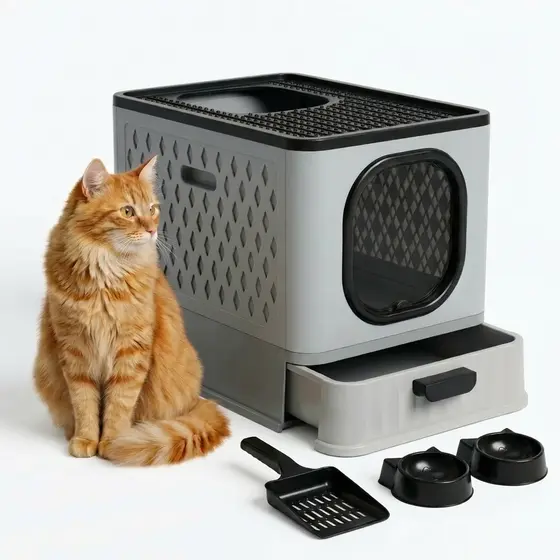Caixa de Areia para Gatos Fechada Sandbox Premium Jelplast com 2 comedouros e Pazinha