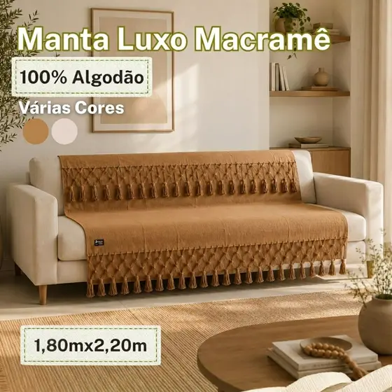 Manta Luxo Macramê 100% Algodão Varias Cores Para Sofá E Decoração
