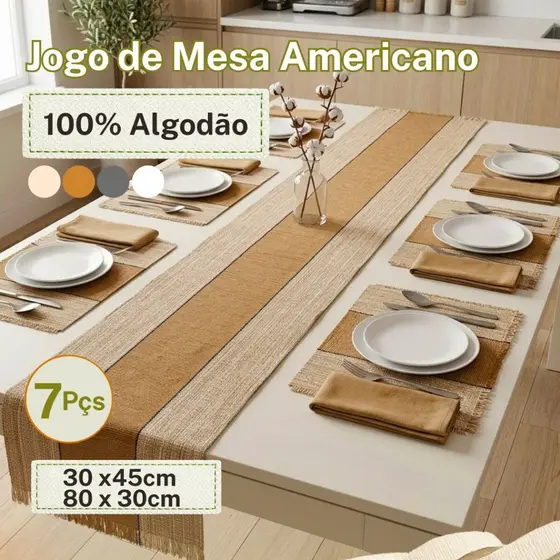 Jogo Americano 7 Peças Algodão com Trilho de Mesa Mesa Posta Luxo 6 Lugares