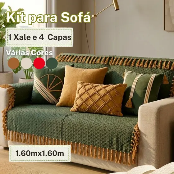 Kit 5 Peças Para Sofá Capa e Manta Xalé Jogo Completo Decoração Sala 100% Algodão