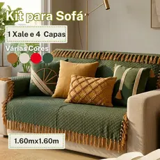 Kit 5 Peças Para Sofá Capa e Manta Xalé Jogo Completo Decoração Sala 100% Algodão