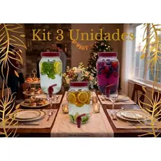 Kit 3 suqueira de vidro 3 litros com tampa e torneira colorida.