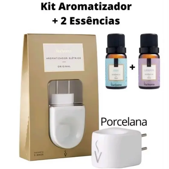 Kit Aromatizador Difusor de Essência com 1 Aparelho De Porcelana Original e c/2 Essências - Via Aroma