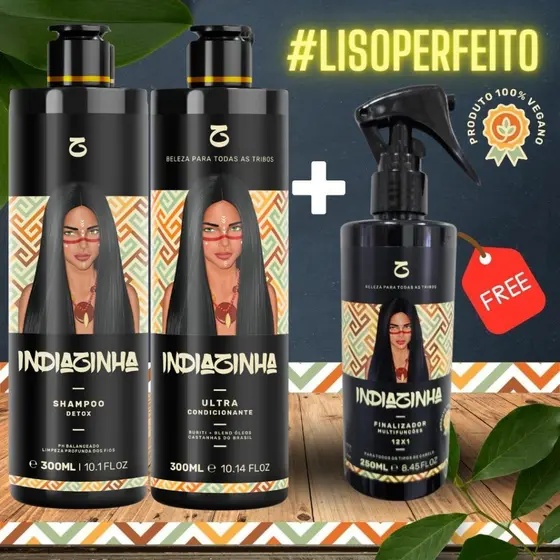 Progressiva Sem Formol Orgânica Liso Extremo 300ml+ Finalizador Multifunções 12x1 250ml+ Shampoo Detox 300ml -Indiazinha