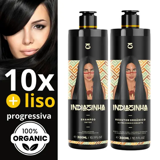 Escova Progressiva Sem Formol Profissional Indiazinha Orgânica Sem Cheiro Não Arde Liso Extremo 2x300ml De 3 A 4 Meses
