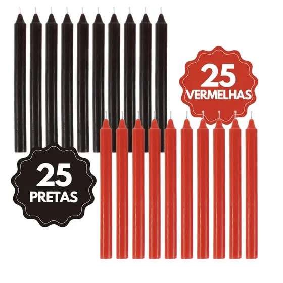 Kit Vela Palito 25 Vermelha e 25 Preta 16 x 1,2 cm