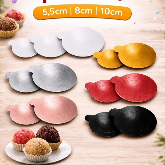 25 Bases Laminadas para Doces 5,5 cm  8cm 10 cm Ouro prata branca preta vermelha rosê gold