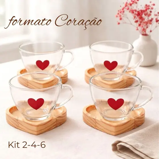 Jogo Xícaras Vidro Café Chá Pires de Madeira Coração Vermelho Cantinho do café Mesa Posta Romântica