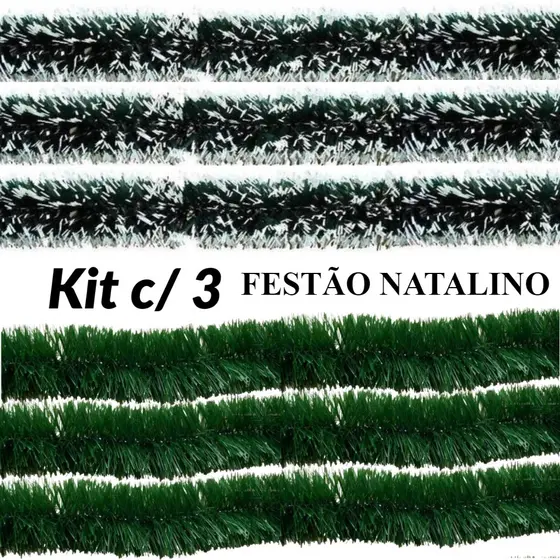 KIT 3 Festão Verde - Nevado Premium Decoração Natal 2mx8cm