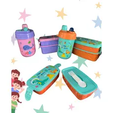 Kit Marmita Infantil Com Talheres de plástico e garrafa de 400 ml com canudo lancheira escolar creche alimentação
