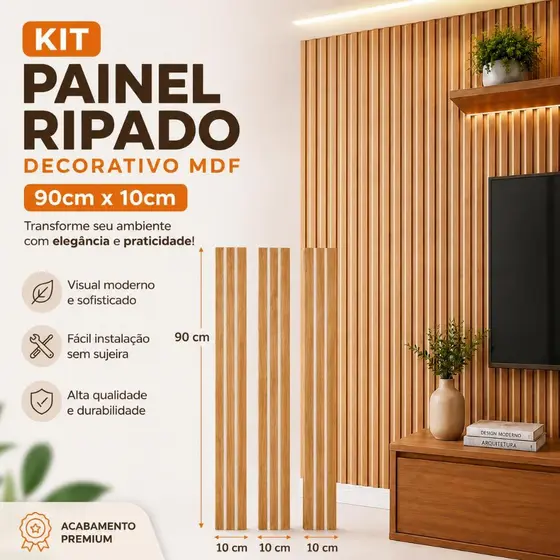 KIT 40 PAINEL RIPADO MDF PREMIUM 90CM X 10CM PAREDE DECORATIVA ESTILO MODERNO SALA QUARTO ESCRITÓRIO