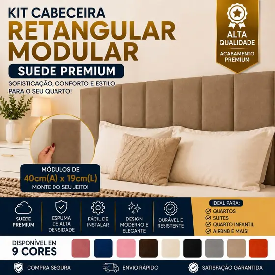 Kit Cabeceira Suede 40cmx19cm Retangular Modular Cama Box Estofada Solteiro Casal Queen King Quarto