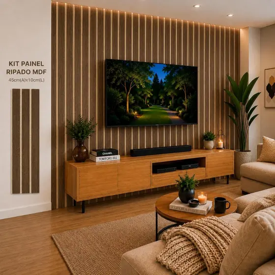 Kit Painel Ripado até 200 Placas Revestimentos MDF Premium 45cmX10cm Parede Sala Quarto Escritório