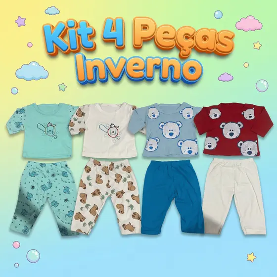 Kit 4 Peças Conjunto Inverno Bebe Menino Infantil Estampas Divertidas Manga Longa Calça Algodão