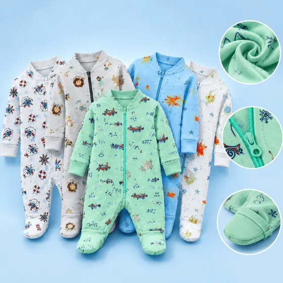 5 Macacões Bebê Estampado Vira Pé com Zíper Menino 100% Algodão