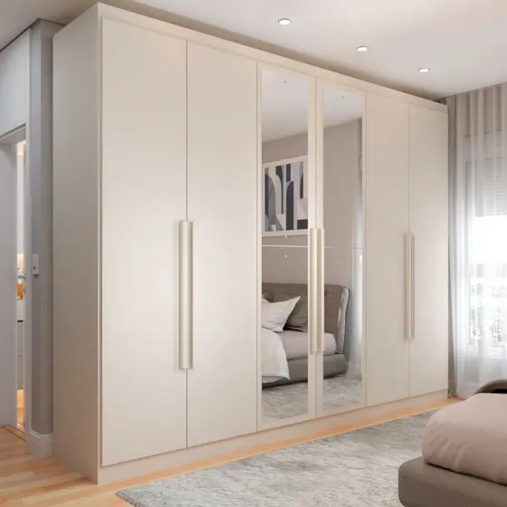 Guarda-Roupa Casal Madalena 6 Portas 4 Gavetas 100% Mdf com Espelho Off White - Panorama Móveis
