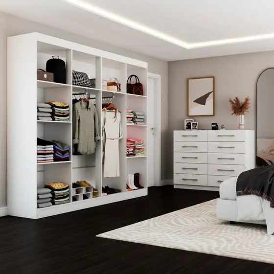 Closet Casal Ele e Ela 8 Prateleiras e Cômoda 10 Gavetas