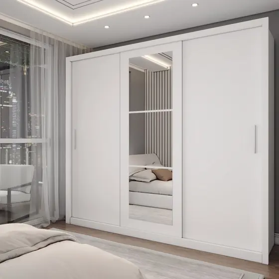 Guarda-Roupa Casal Catarina 3 Portas de Correr 4 Gavetas com Espelhos Branco - Panorama Móveis
