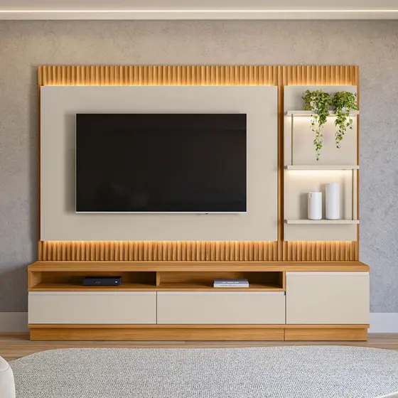Rack com Painel para TV Até 70 Polegadas São Paulo 2 Gavetas 1 Porta Ripado com Led Tauari/Off White Fosco - Linea Brasil
