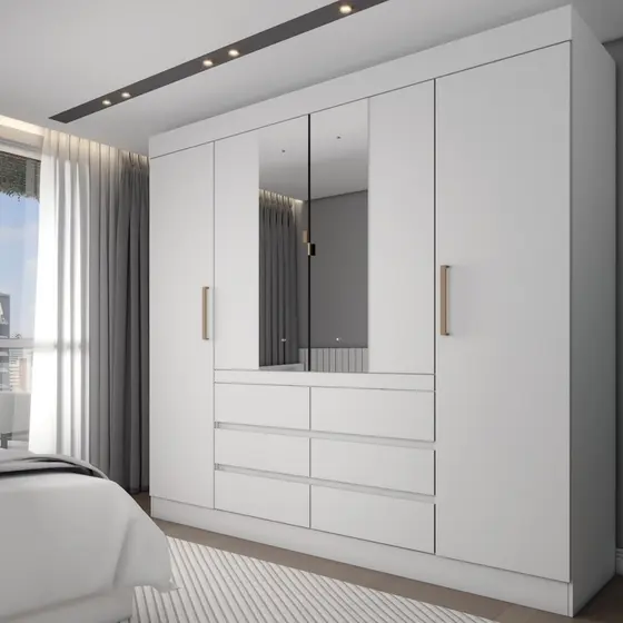 Guarda-Roupa Casal Honey 4 Portas 6 Gavetas com Espelho Branco - Panorama Móveis
