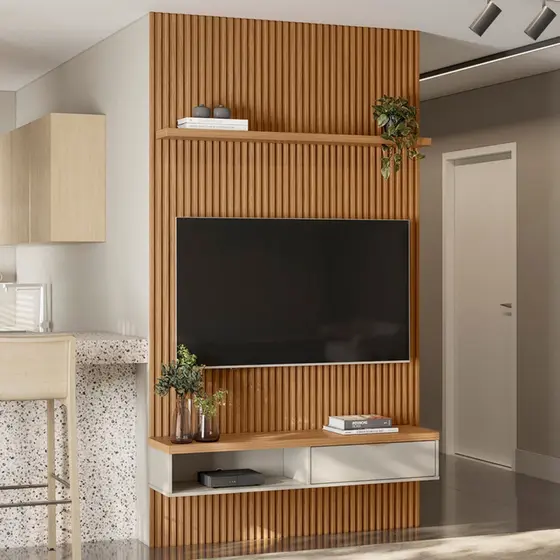 Painel para TV Até 60 Polegadas 1 Porta 140 Cm Nature Ripado/Off White - Linea Brasil