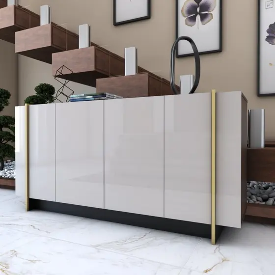 Balcão Buffet Balneário Camboriú 4 Portas 2 Prateleiras Off White/Dourado - Panorama Móveis
