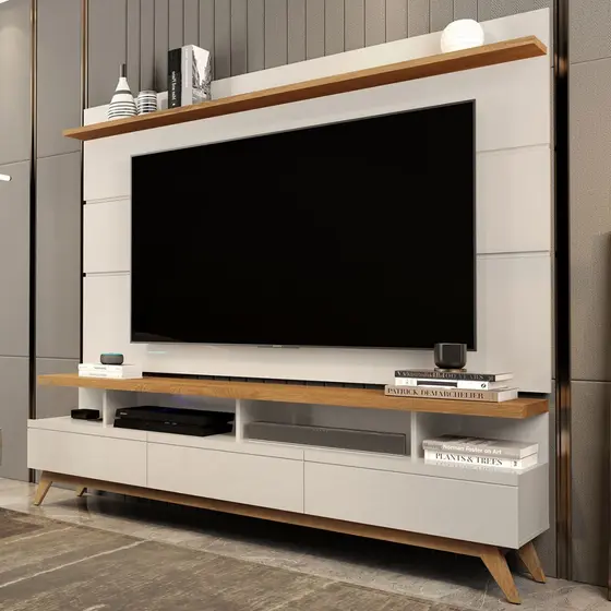 Rack com Painel para TV Até 72 Polegadas Vivare Wood New 3 Gavetas Off White/Nature - Giga Móveis