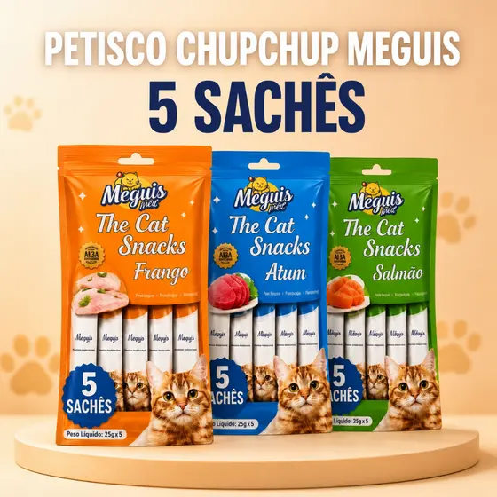 Petisco Cremoso Meguis para Gatos 5 Sachês 15g Frango Atum ou Salmão Cat Snack